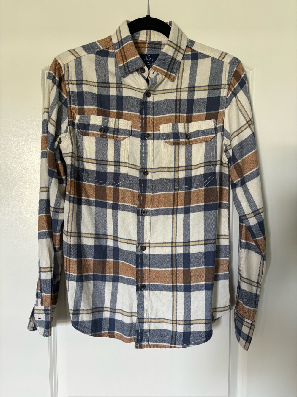 George Men's Plaid Button-Down Shirt in Blue, Brown & Cream